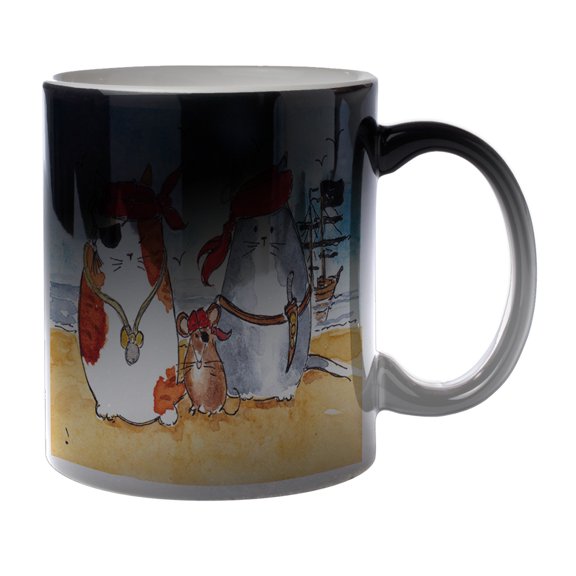 KuzmarK Black Heat Morph Color Changing Coffee Cup Mug 11 Ounce - Pirate Cats and Rat Art by Denise Every