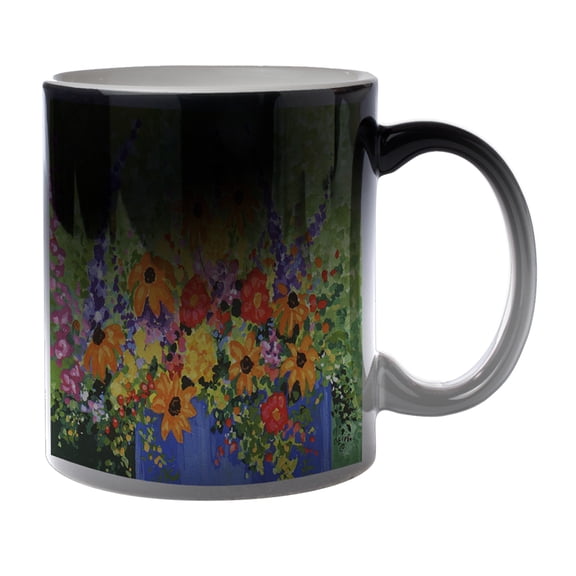 KuzmarK Black Heat Morph Color Changing Coffee Cup Mug 11 Ounce - Summer Flowers in Blue Pot Art by Denise Every