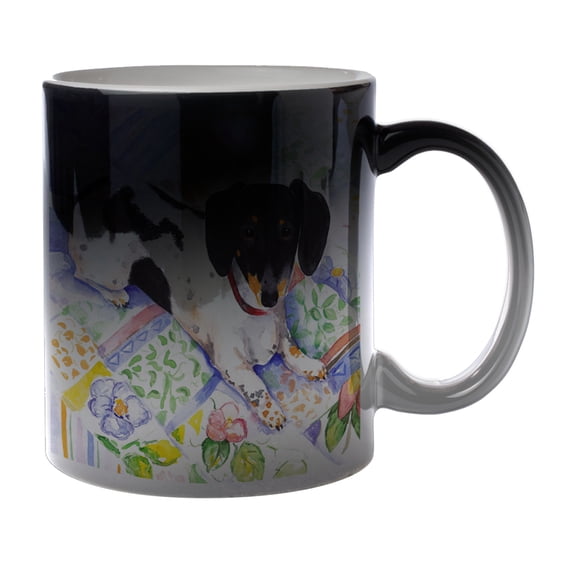 KuzmarK Black Heat Morph Color Changing Coffee Cup Mug 11 Ounce - Tricolor Miniature Dachshund Art by Denise Every