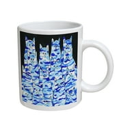 KuzmarK Coffee Cup Mug 11 Ounce - Blue Camo Camouflage Kitties Abstract Cat Art by Denise Every