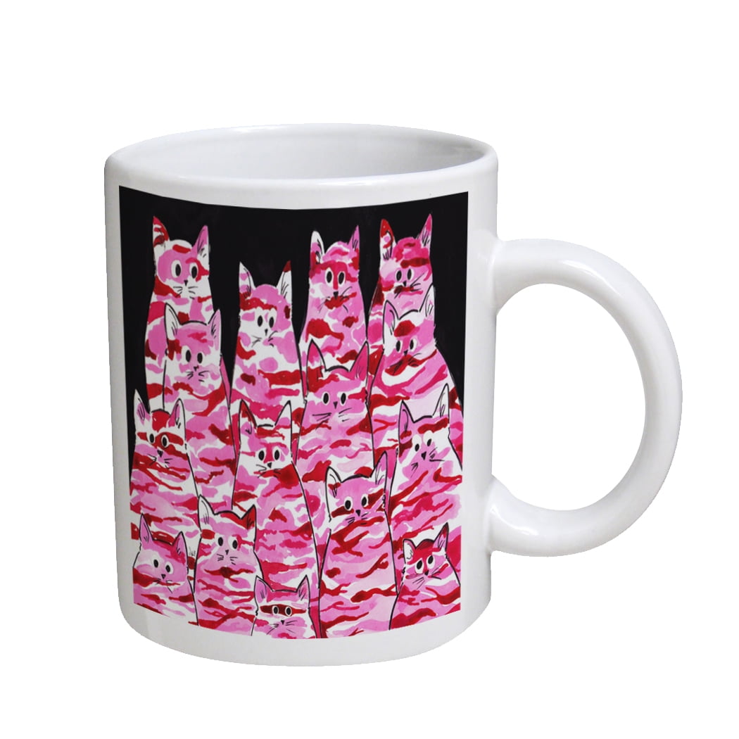 KuzmarK Coffee Cup Mug 11 Ounce - Pink Camo Camouflage Kitties Abstract Cat Art by Denise Every