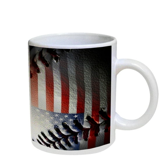 KuzmarK Coffee Cup Mug Pearl Iridescent White - American Flag Baseball Stitch