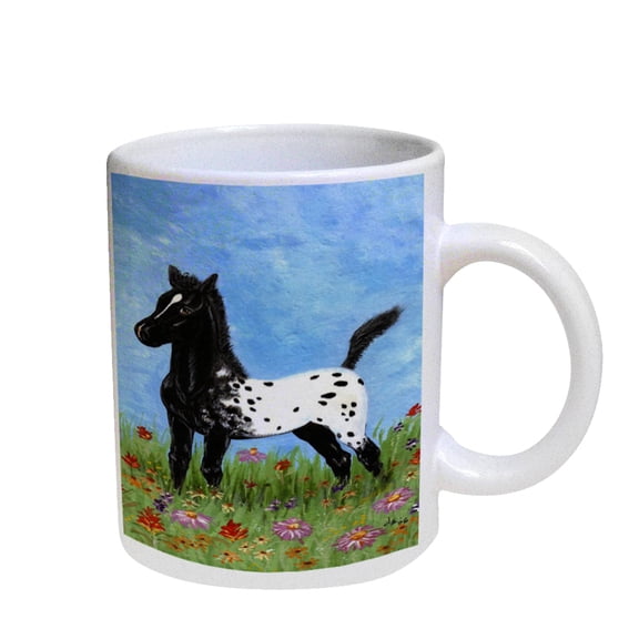 KuzmarK Coffee Cup Mug Pearl Iridescent White - Black Blanket Appaloosa Foal with Wildflowers Horse Art by Denise Every