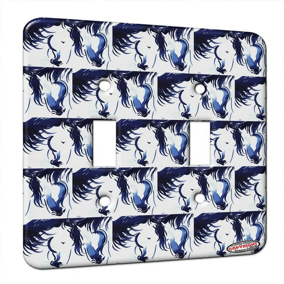 KuzmarK™ Double Gang Switch Wall Plate - Abstract Horses in Indigo Blue Horse Modern Art by Denise Every