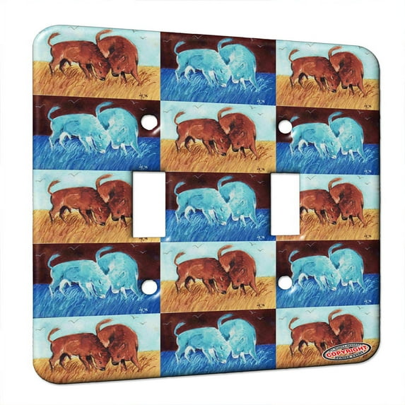 KuzmarK™ Double Gang Switch Wall Plate - American Bison Buffalo Calves Battle of the Baby Bulls Wildlife Pattern Art by Denise Every