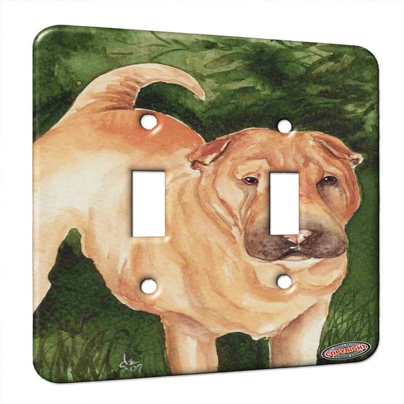 KuzmarK™ Double Gang Switch Wall Plate - Annie on Green Cream Chinese Shar Pei Dog Art by Denise Every