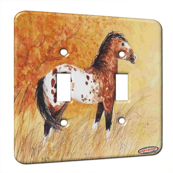 KuzmarK™ Double Gang Switch Wall Plate - Bay Blanket Appaloosa Foal in Autumn Horse Art by Denise Every