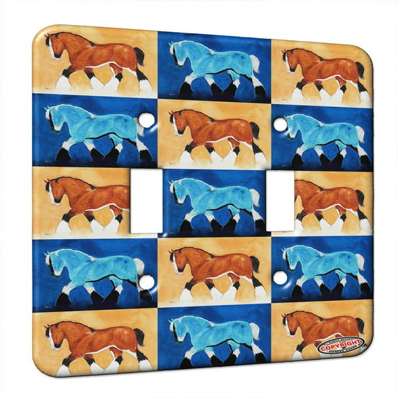 KuzmarK™ Double Gang Switch Wall Plate - Bay Clydesdale Filly Draft Horse Pattern Art by Denise Every