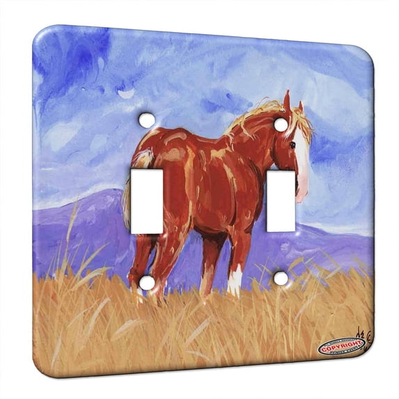 KuzmarK™ Double Gang Switch Wall Plate - Belgian Draft Horse High Western Plains Horse Art by Denise Every