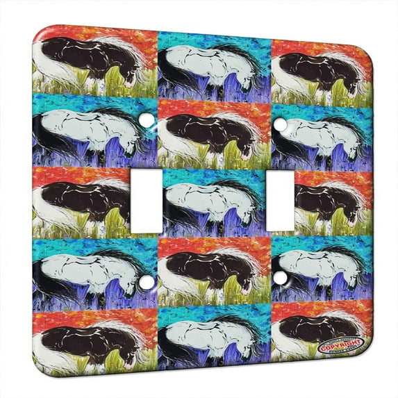 KuzmarK™ Double Gang Switch Wall Plate - Black Blagdon Sabino Piebald Gypsy in Autumn Horse Pattern Art by Denise Every