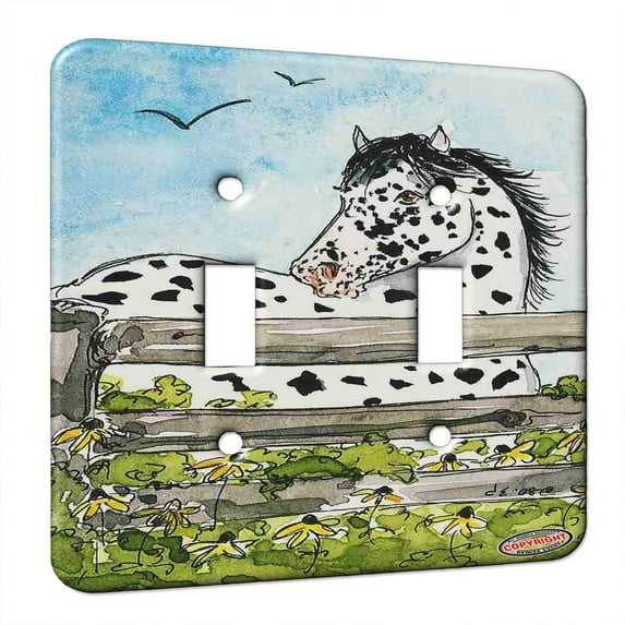 KuzmarK™ Double Gang Switch Wall Plate - Black Leopard Appaloosa Horse Art by Denise Every