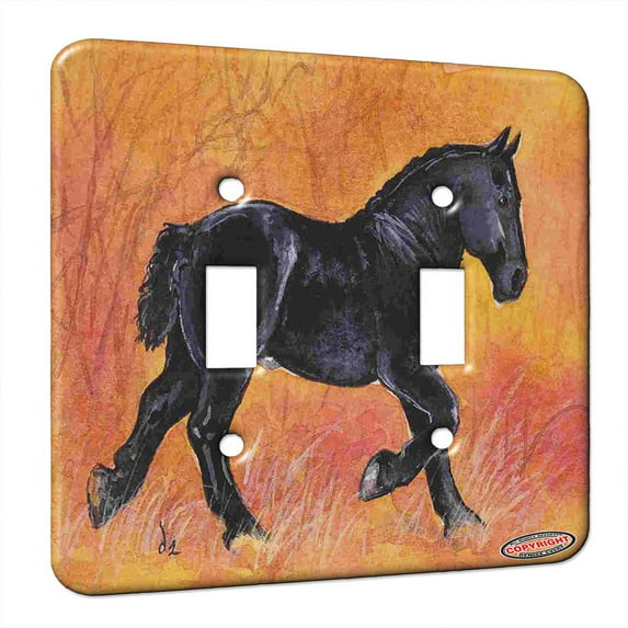 KuzmarK™ Double Gang Switch Wall Plate - Black Percheron Draft Horse in Autumn Trotting Horse Art by Denise Every