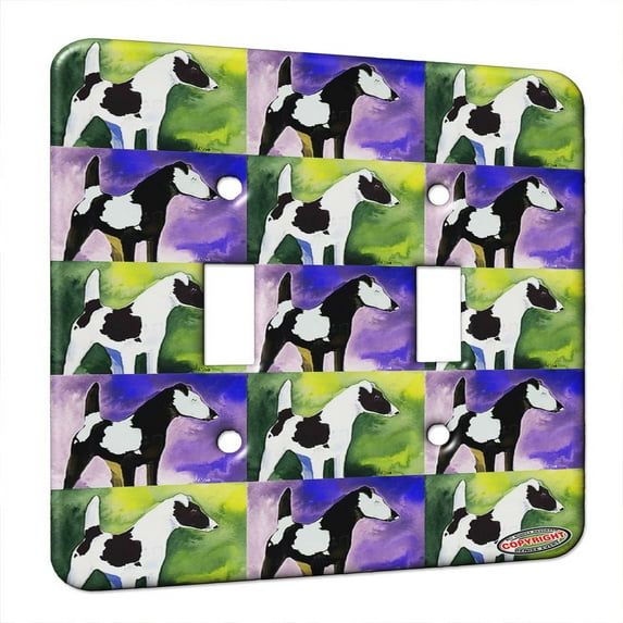 KuzmarK™ Double Gang Switch Wall Plate - Black Smooth Fox Terrier Abstract Dog Pattern Art by Denise Every