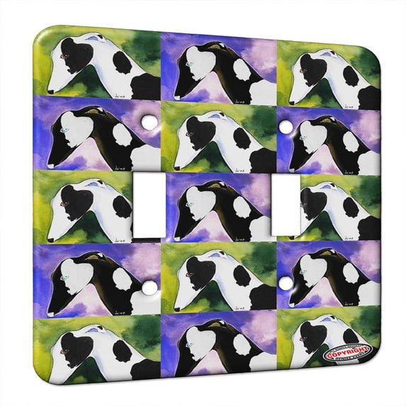 KuzmarK™ Double Gang Switch Wall Plate - Black Spotted Greyhound Head Study Abstract Dog Pattern Art by Denise Every