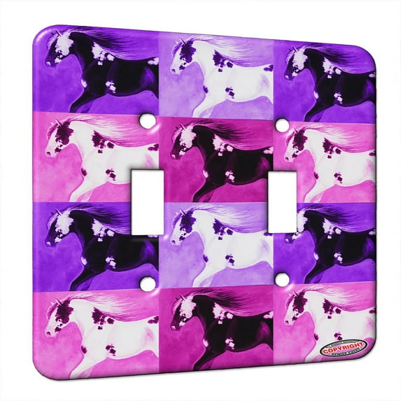KuzmarK™ Double Gang Switch Wall Plate - Blue Eyed Black Pinto Minimal Sabino Horse Pink Pattern Art by Denise Every