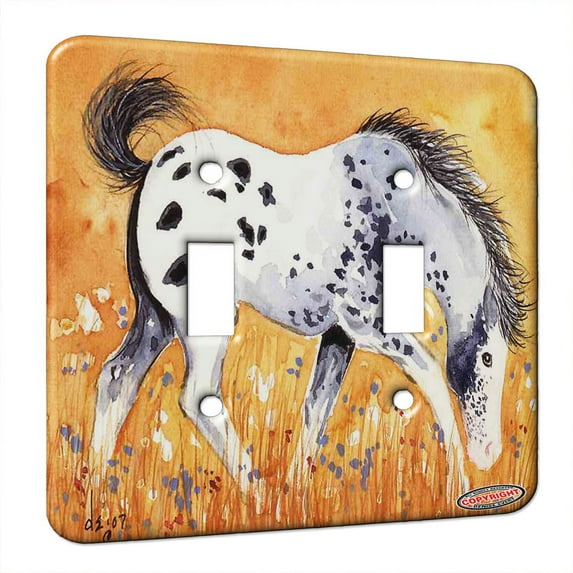KuzmarK™ Double Gang Switch Wall Plate - Blue Roan Appaloosa Colt with Wildflowers Horse Art by Denise Every