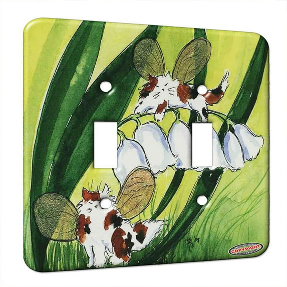 KuzmarK™ Double Gang Switch Wall Plate - Calico Maine Coon Kitty Fairies with Lily of the Valley Fantasy Cat Art by Denise Every
