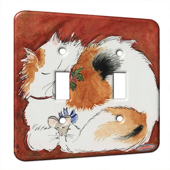 KuzmarK™ Double Gang Switch Wall Plate - Calico Maine Coon Kitty and Mouse Christmas Peace Cat Art by Denise Every