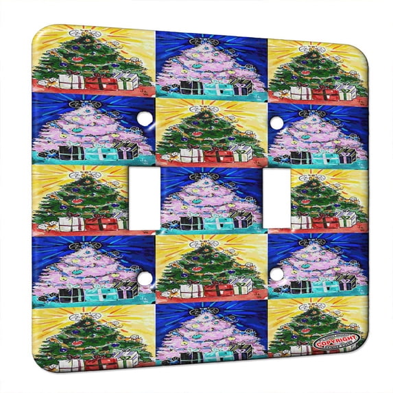 KuzmarK™ Double Gang Switch Wall Plate - Christmas Tree with Tiny Tiger Kitty Fairies Cat Pattern Art by Denise Every