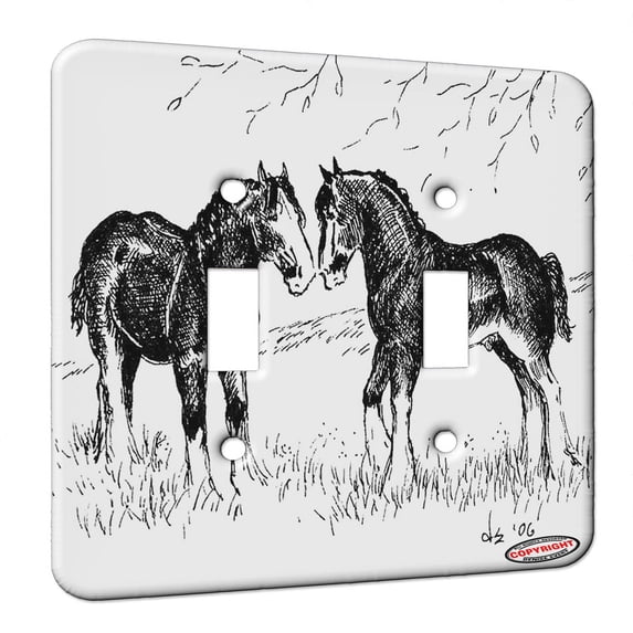 KuzmarK™ Double Gang Switch Wall Plate - Clydesdale Drawing pen and ink black white Art by Denise Every