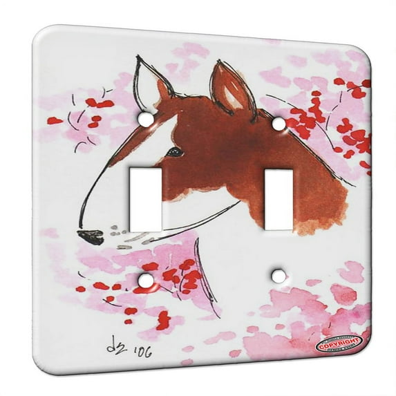 KuzmarK™ Double Gang Switch Wall Plate - Colored Bull Terrier with Cherry Blossoms Abstract Dog Art by Denise Every