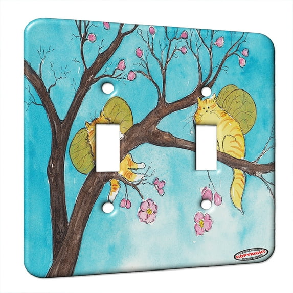 KuzmarK™ Double Gang Switch Wall Plate - Ginger Tabby Tiger Kitty Fairies with Pink Dogwood Fantasy Cat Art by Denise Every