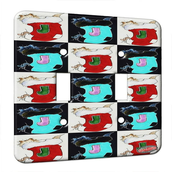 KuzmarK™ Double Gang Switch Wall Plate - Maine Coon Kitty and Mouse JOY Set Christmas Stocking Cat Pattern Art by Denise Every