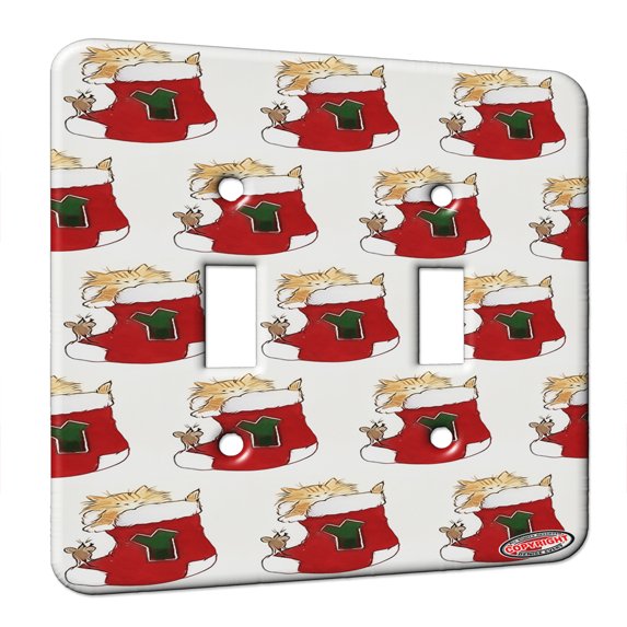KuzmarK™ Double Gang Switch Wall Plate - Maine Coon Kitty and Mouse JOY Set Christmas Stocking Y Cat Modern Art by Denise Every