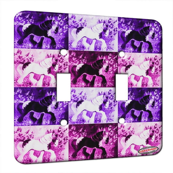 KuzmarK™ Double Gang Switch Wall Plate - Piebald Gypsy Cob with Lilacs and Violets Horse Pink Pattern Art by Denise Every