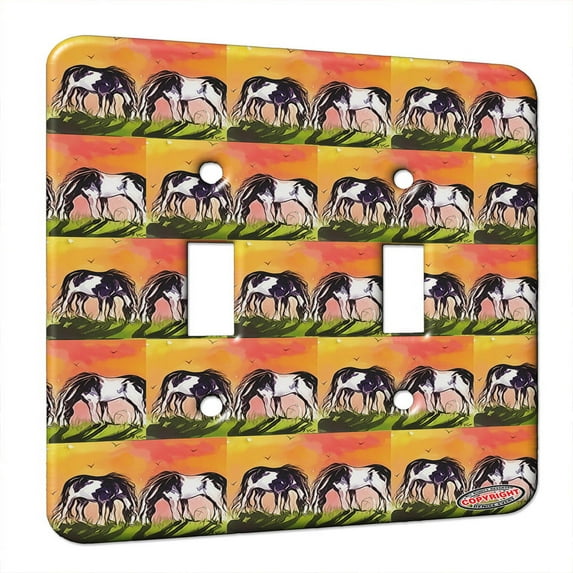 KuzmarK™ Double Gang Switch Wall Plate - Piebald Gypsy Horses at Sundown Horse Modern Art by Denise Every