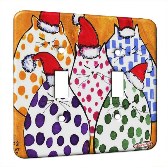 KuzmarK™ Double Gang Switch Wall Plate - Polka Dot Chunky Kitties in Santa Hats Christmas Cat Art by Denise Every