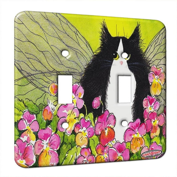KuzmarK™ Double Gang Switch Wall Plate - Tuxedo Maine Coon Kitty Fairy with Pansies Cat Art by Denise Every
