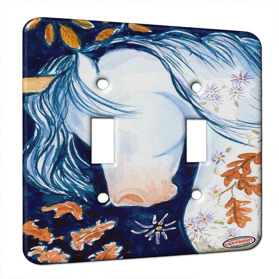 KuzmarK™ Double Gang Switch Wall Plate - Unicorn in Autumn with Oak Leaves and Asters Fantasy Horse Art by Denise Every