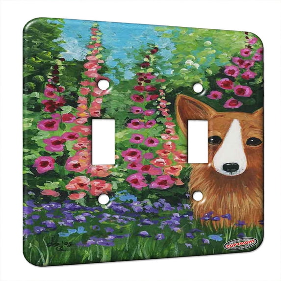 KuzmarK™ Double Gang Switch Wall Plate - Welsh Corgi in Monet's Garden Dog Art by Denise Every