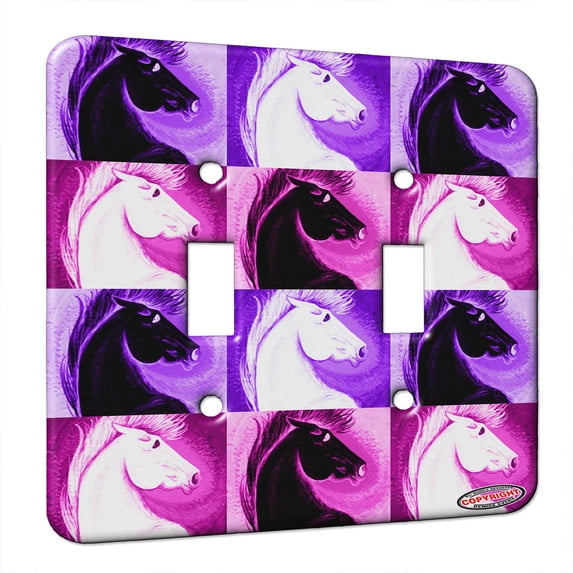 KuzmarK™ Double Gang Switch Wall Plate - White Andalusian Stallion Abstract Horse Pink Pattern Art by Denise Every