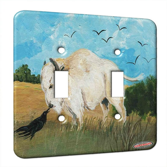 KuzmarK™ Double Gang Switch Wall Plate - White Buffalo Speaks with Raven Wildlife Art by Denise Every