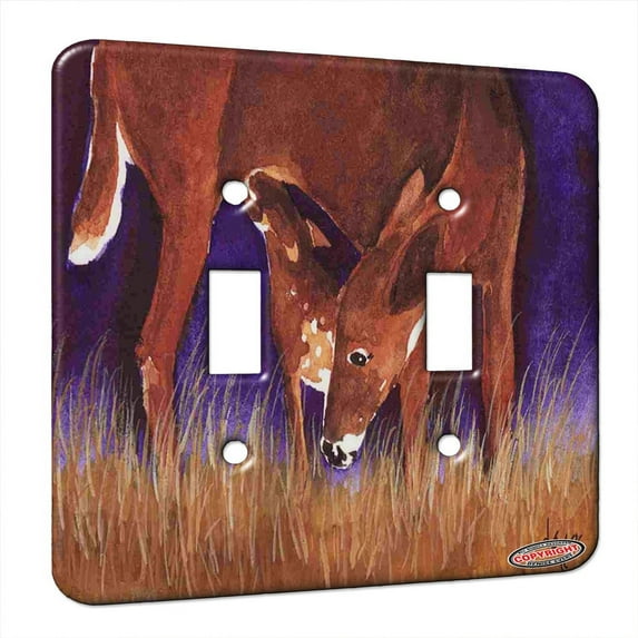 KuzmarK™ Double Gang Switch Wall Plate - Whitetail Deer Doe and Fawn at Dusk Wildlife Art by Denise Every