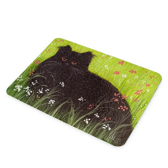 KuzmarK Glass Cheese Cutting Board 11"x7.75" - Black Persian Cat Art by Denise Every
