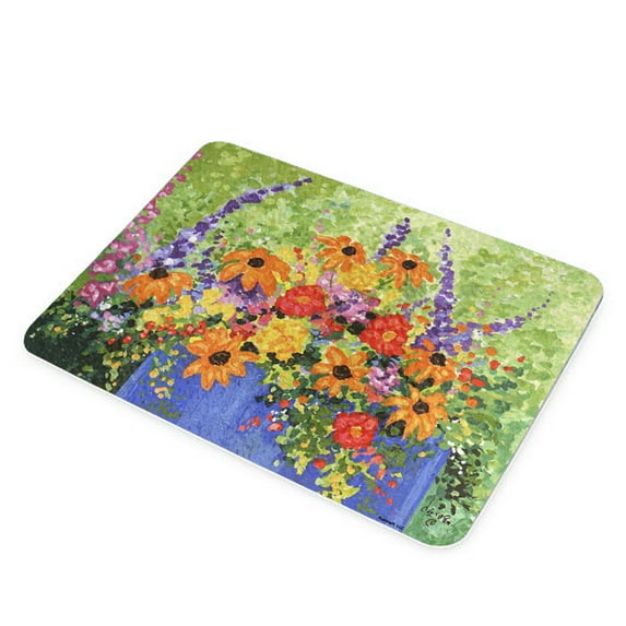 KuzmarK Glass Cheese Cutting Board 11"x7.75" - Summer Flowers in Blue Pot Art by Denise Every