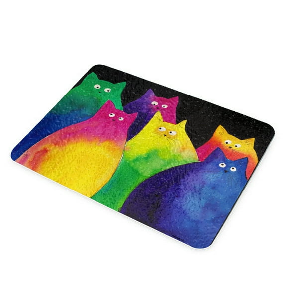 KuzmarK Glass Cheese Cutting Board 11"x7.75" - Very Colorful Two-Toned Chunky Kitties Art by Denise Every