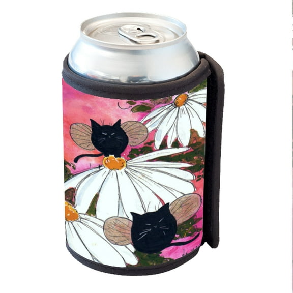 KuzmarK Insulated Drink Can Cooler Hugger - Chubby Black Kitty Fairies with Shasta Daisies Abstract Cat Art by Denise Every