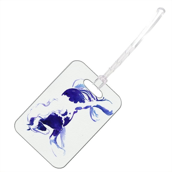 KuzmarK Luggage Travel Bag Tag - Prancing Piebald Gypsy Vanner Stallion in Purple and Blue Abstract Horse Art by Denise Every