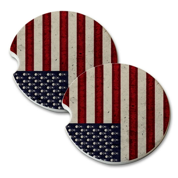 KuzmarK Sandstone Car Drink Coaster (set of 2) - American Flag Pop Art Skulls
