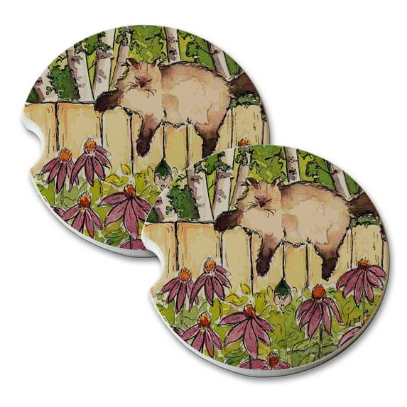 KuzmarK Sandstone Car Drink Coaster (set of 2) - Himalayan Kitty in Garden with Mouse Cat Art by Denise Every