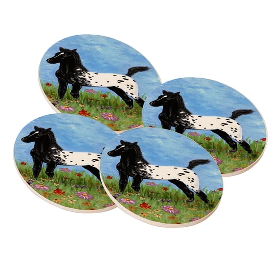 KuzmarK Sandstone Drink Coaster (set of 4) - Black Blanket Appaloosa Foal with Wildflowers Horse Art by Denise Every