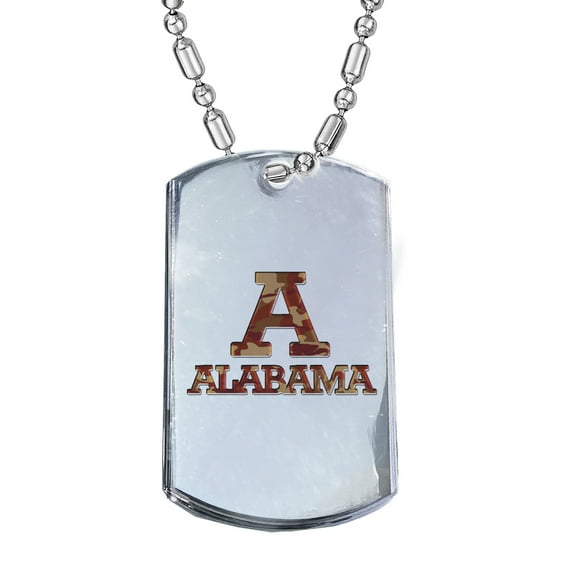 KuzmarK Silver Chrome Pendant Dog Tag Necklace - Alabama Red Camouflage Chrome Dog Tag Necklace