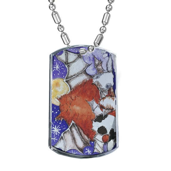 KuzmarK Silver Chrome Pendant Dog Tag Necklace - Batty Kitty Family & Full Moon Halloween Cat Art by Denise Every Chrome Dog Tag Necklace