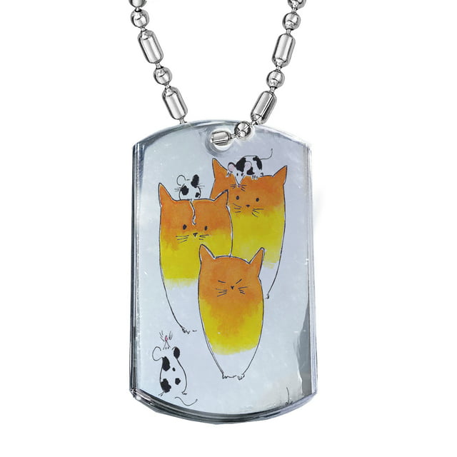 KuzmarK Silver Chrome Pendant Dog Tag Necklace - Black Spotted Mice with Candy Corn Kitties Abstract Cat Art by Denise Every - Copy Chrome Dog Tag Necklace