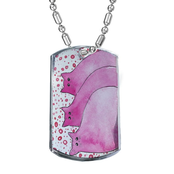 KuzmarK Silver Chrome Pendant Dog Tag Necklace - Cherry Pink Chunky Kitties Abstract Cat Art by Denise Every Chrome Dog Tag Necklace