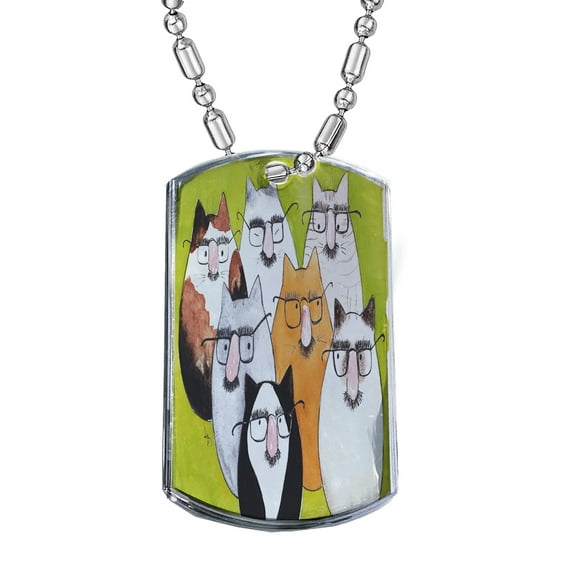 KuzmarK Silver Chrome Pendant Dog Tag Necklace - Seven Incognito Kitties Abstract Cat Art by Denise Every Chrome Dog Tag Necklace